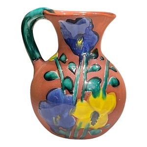 VTG F Guerrero G Mexico Terracotta HandPainted Glazed Flowers Pitcher w/ Handle